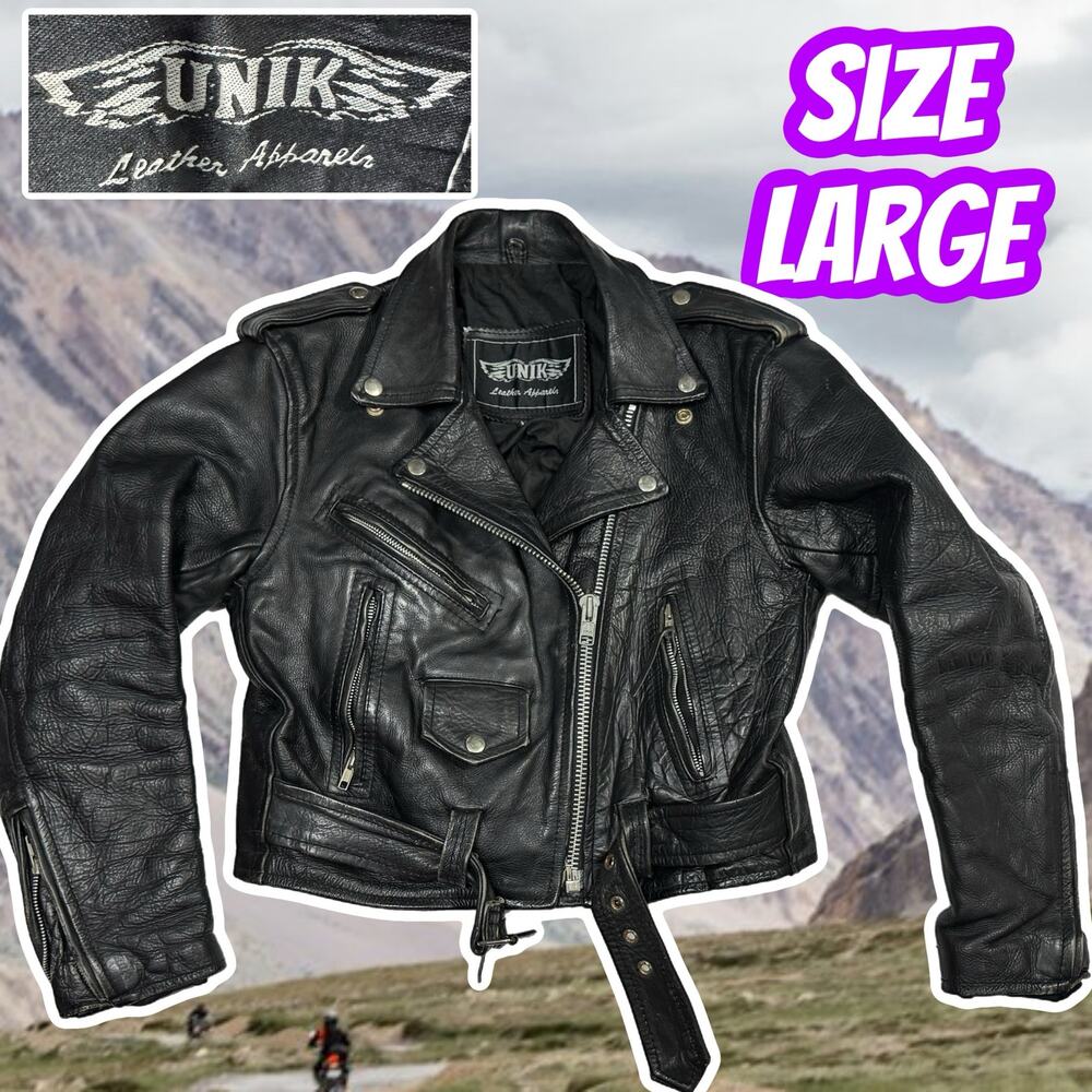 UNIK Black Leather Jacket Women's Large Biker Zip Up Multiple Pockets
